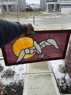 Stained Glass Leaded Hanging Panel Wooden Frame 24x12 Dove Against A Sun
