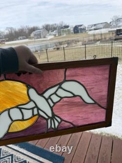 Stained Glass Leaded Hanging Panel Wooden Frame 24x12 Dove Against A Sun
