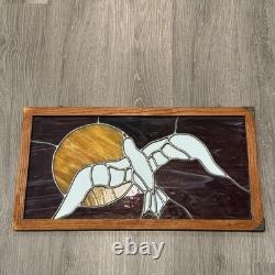 Stained Glass Leaded Hanging Panel Wooden Frame 24x12 Dove Against A Sun