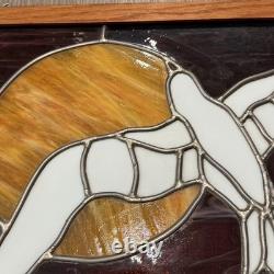 Stained Glass Leaded Hanging Panel Wooden Frame 24x12 Dove Against A Sun