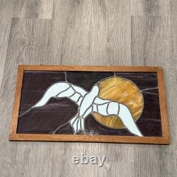 Stained Glass Leaded Hanging Panel Wooden Frame 24x12 Dove Against A Sun