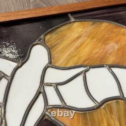 Stained Glass Leaded Hanging Panel Wooden Frame 24x12 Dove Against A Sun