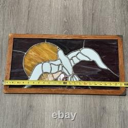 Stained Glass Leaded Hanging Panel Wooden Frame 24x12 Dove Against A Sun