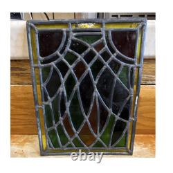 Stained Glass Leaded Window Panel Geometric Pattern Green Yellow Brown Black