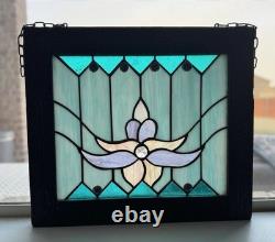 Stained Glass Lotus Flower Window Panel Suncatcher Hangin Wood Frame Art Nouveau