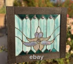 Stained Glass Lotus Flower Window Panel Suncatcher Hangin Wood Frame Art Nouveau