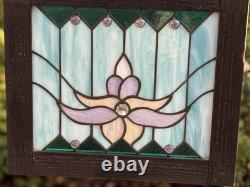 Stained Glass Lotus Flower Window Panel Suncatcher Hangin Wood Frame Art Nouveau