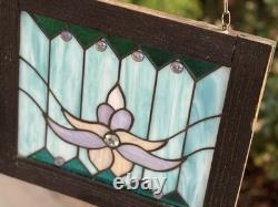 Stained Glass Lotus Flower Window Panel Suncatcher Hangin Wood Frame Art Nouveau