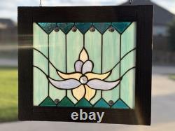 Stained Glass Lotus Flower Window Panel Suncatcher Hangin Wood Frame Art Nouveau