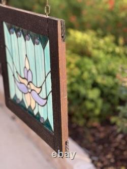 Stained Glass Lotus Flower Window Panel Suncatcher Hangin Wood Frame Art Nouveau