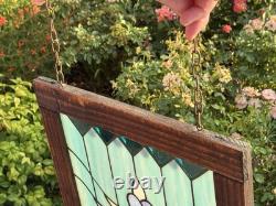 Stained Glass Lotus Flower Window Panel Suncatcher Hangin Wood Frame Art Nouveau