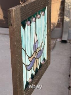 Stained Glass Lotus Flower Window Panel Suncatcher Hangin Wood Frame Art Nouveau