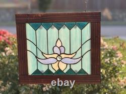 Stained Glass Lotus Flower Window Panel Suncatcher Hangin Wood Frame Art Nouveau