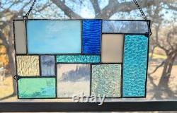 Stained Glass Modern Art Panel, Geometric Panel with Blue Hues, 7W By 11H