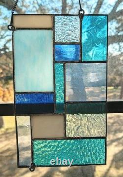 Stained Glass Modern Art Panel, Geometric Panel with Blue Hues, 7W By 11H