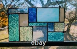 Stained Glass Modern Art Panel, Geometric Panel with Blue Hues, 7W By 11H