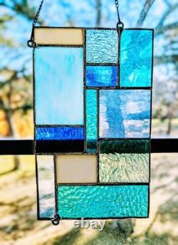 Stained Glass Modern Art Panel, Geometric Panel with Blue Hues, 7W By 11H