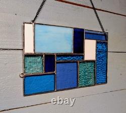 Stained Glass Modern Art Panel, Geometric Panel with Blue Hues, 7W By 11H