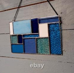 Stained Glass Modern Art Panel, Geometric Panel with Blue Hues, 7W By 11H