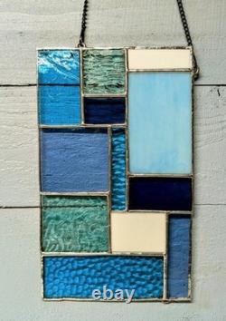 Stained Glass Modern Art Panel, Geometric Panel with Blue Hues, 7W By 11H