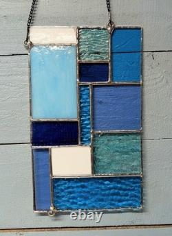 Stained Glass Modern Art Panel, Geometric Panel with Blue Hues, 7W By 11H