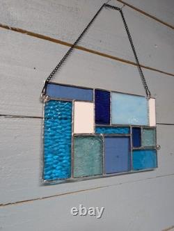 Stained Glass Modern Art Panel, Geometric Panel with Blue Hues, 7W By 11H