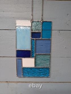 Stained Glass Modern Art Panel, Geometric Panel with Blue Hues, 7W By 11H