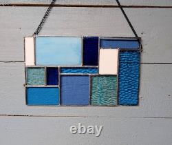 Stained Glass Modern Art Panel, Geometric Panel with Blue Hues, 7W By 11H