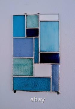 Stained Glass Modern Art Panel, Geometric Panel with Blue Hues, 7W By 11H