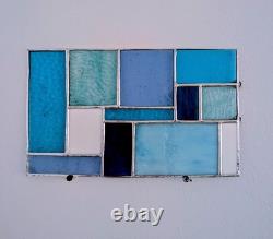 Stained Glass Modern Art Panel, Geometric Panel with Blue Hues, 7W By 11H