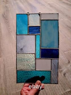 Stained Glass Modern Art Panel, Geometric Panel with Blue Hues, 7W By 11H