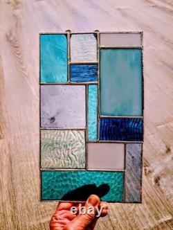 Stained Glass Modern Art Panel, Geometric Panel with Blue Hues, 7W By 11H