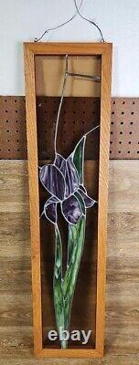 Stained Glass Mosaic Wood Framed Panel Purple Iris Flower 35T 8.5 W (READ)