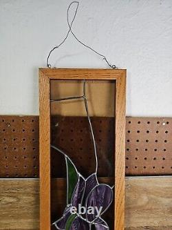 Stained Glass Mosaic Wood Framed Panel Purple Iris Flower 35T 8.5 W (READ)