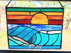 Stained Glass Ocean Seascape Panel, Nautical Themed Suncatcher, 10W By 8H