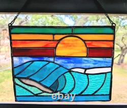 Stained Glass Ocean Seascape Panel, Nautical Themed Suncatcher, 10W By 8H