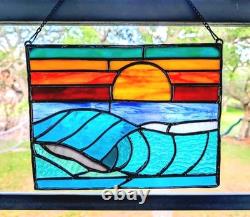 Stained Glass Ocean Seascape Panel, Nautical Themed Suncatcher, 10W By 8H