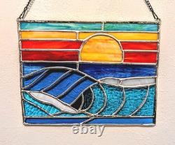 Stained Glass Ocean Seascape Panel, Nautical Themed Suncatcher, 10W By 8H