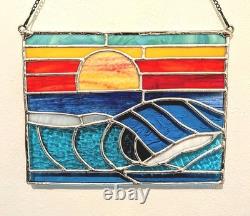 Stained Glass Ocean Seascape Panel, Nautical Themed Suncatcher, 10W By 8H