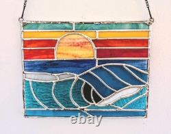 Stained Glass Ocean Seascape Panel, Nautical Themed Suncatcher, 10W By 8H