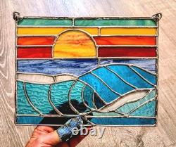Stained Glass Ocean Seascape Panel, Nautical Themed Suncatcher, 10W By 8H