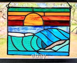 Stained Glass Ocean Seascape Panel, Nautical Themed Suncatcher, 10W By 8H
