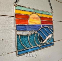 Stained Glass Ocean Seascape Panel, Nautical Themed Suncatcher, 10W By 8H