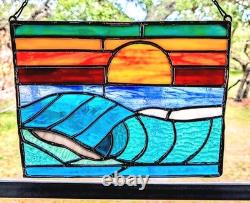 Stained Glass Ocean Seascape Panel, Nautical Themed Suncatcher, 10W By 8H