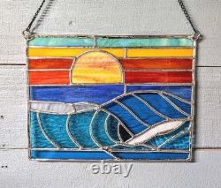 Stained Glass Ocean Seascape Panel, Nautical Themed Suncatcher, 10W By 8H