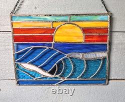 Stained Glass Ocean Seascape Panel, Nautical Themed Suncatcher, 10W By 8H