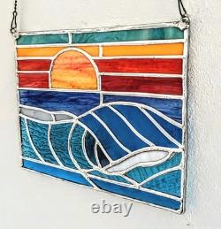 Stained Glass Ocean Seascape Panel, Nautical Themed Suncatcher, 10W By 8H