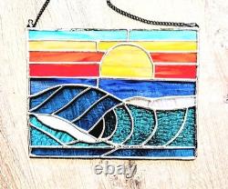 Stained Glass Ocean Seascape Panel, Nautical Themed Suncatcher, 10W By 8H