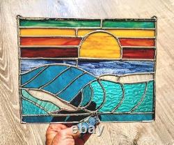 Stained Glass Ocean Seascape Panel, Nautical Themed Suncatcher, 10W By 8H
