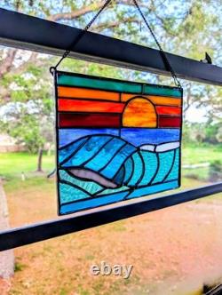 Stained Glass Ocean Seascape Panel, Nautical Themed Suncatcher, 10W By 8H